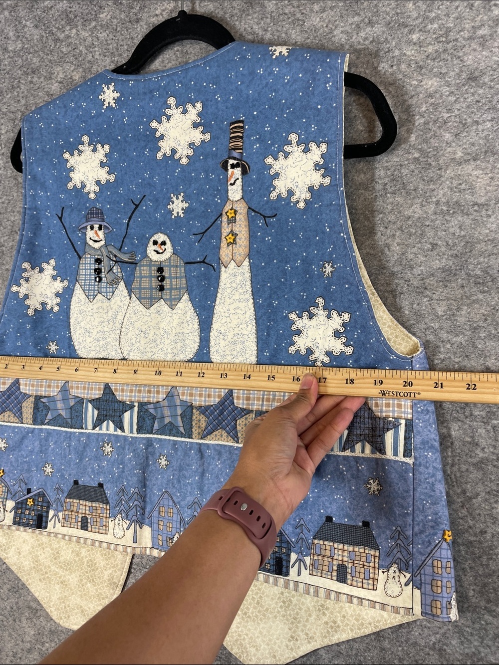 Vintage Winter Snowman Patchwork Vest Blue Cream Christmas Holiday Cottagecore - Picture 9 of 12